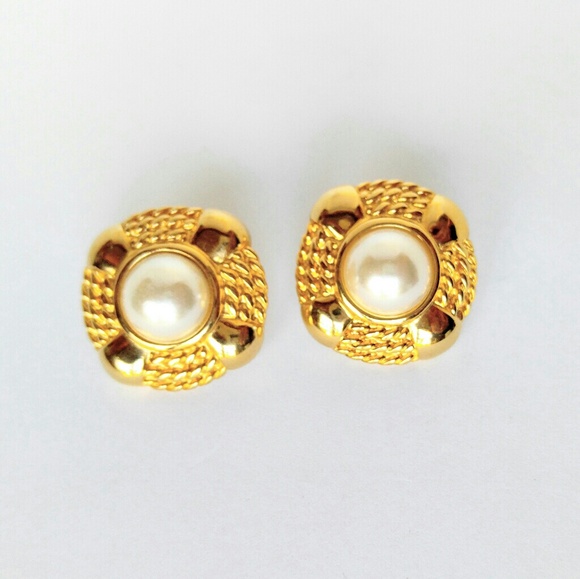 VINTAGE Signed JS Gold & Pearl Earrings-Rope - Picture 2 of 5